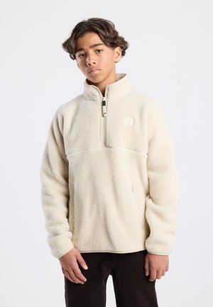 Crème fleece pullover met een halve rits, hoge kraag en een gestructureerde stof. Inclusief een zijzak en een geborduurd logo op de borst.