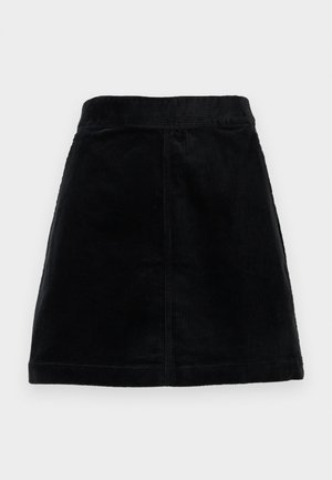 Svart kordskjol med figursydd midja, rak passform och textil med vertikala ribbningar. Ingen synlig stängning eller dekorationer.