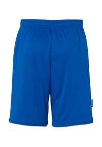 Shorts de sport bleus en tissu léger avec une taille élastique, dotés d'une texture lisse et sans motifs ni accents visibles.