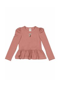 Pitkähihaisen, ruusunvärisen paidan, jossa on puffiolkapäät, peplum-helma ja brodeerattu puu- ja etanakuosi edessä. Tasainen puuvillamateriaali.