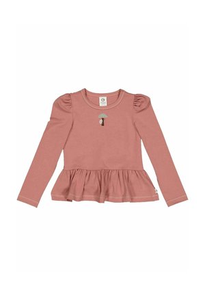 Long-sleeve, rose-colored top with puffed shoulders, peplum hem, and embroidered tree and snail design on the front. Smooth cotton material.