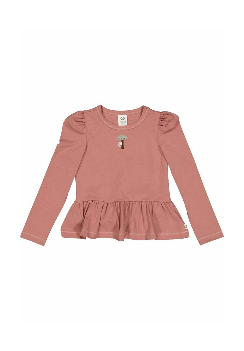 Pitkähihaisen, ruusunvärisen paidan, jossa on puffiolkapäät, peplum-helma ja brodeerattu puu- ja etanakuosi edessä. Tasainen puuvillamateriaali.