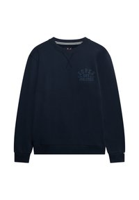 Marineblauw sweatshirt gemaakt van een katoenmix stof, met een ronde hals, geribbelde manchetten en een gestructureerd "SUPER DRY ATHLETICS" logo op de borst.