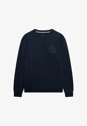 Sweat-shirt bleu marine en tissu mélangé coton, avec un col rond, des poignets côtelés et un logo texturé "SUPER DRY ATHLETICS" sur la poitrine.
