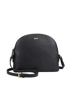 Sac bandoulière en cuir noir avec haut arrondi, fermeture éclair dorée, petit logo doré et sangle réglable avec boucle dorée.