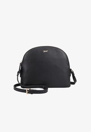 Sac bandoulière en cuir noir avec haut arrondi, fermeture éclair dorée, petit logo doré et sangle réglable avec boucle dorée.