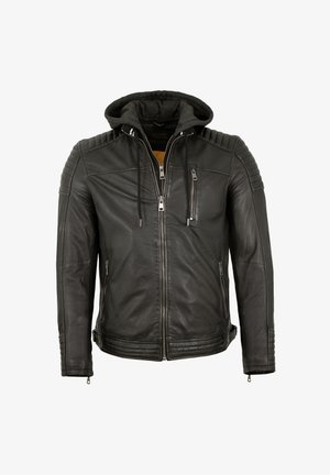 Schwarze Lederjacke mit Kapuze, ausgestattet mit gerippten Schulterakzenten, vorderem Reißverschluss, Reißverschlusstaschen und einer glatten Textur.