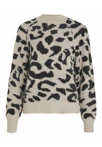 Beige Pullover mit schwarzem Leopardenmuster, flauschiger Textur, rundem Ausschnitt und langen Ärmeln; gerippte Bündchen und Saum für eine enge Passform.