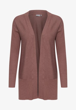 Cárdigan de manga larga en un color rosa empolvado, con canalé vertical, un diseño de frente abierto y un dobladillo recto.