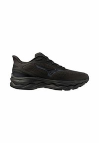 Scarpa da ginnastica nera con tomaia in rete, suola ammortizzata e design distintivo della intersuola ondulata. Presenta un tallone rinforzato e chiusura con lacci.