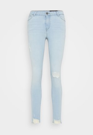 Helleblaue Skinny-Jeans aus Denim mit zerrissenen Knien und ausgefransten Säumen, ausgestattet mit einem Standardbund und einem Fünf-Taschen-Design.