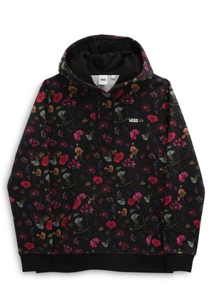 Czarna bluza z kapturem Vans z kolorowym kwiatowym nadrukiem, przednią kieszenią, kapturem na sznurku i logo Vans na piersi.