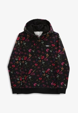 Schwarzer Vans Hoodie mit buntem Blumenprint, Fronttasche, Kordelzug an der Kapuze und Vans-Logo auf der Brust.