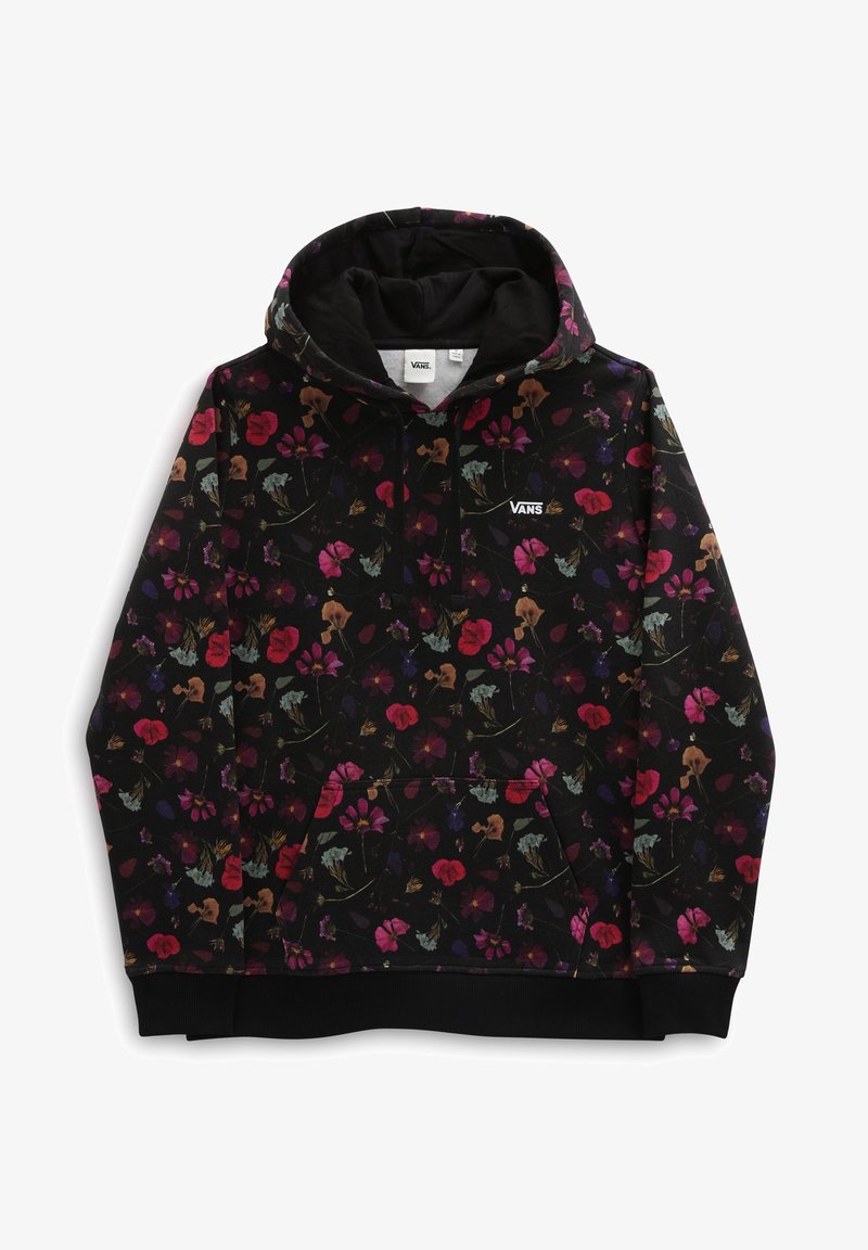 Sweat à capuche Vans noir avec imprimé floral coloré, poche avant, capuche avec cordon et logo Vans sur la poitrine.