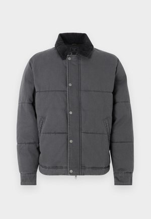 Γκρι φουσκωτό μπουφάν με καπιτονέ σχέδιο, κολάρο από κοτλέ, κουμπιά με κλίπ, πλαϊνές τσέπες και ριμπ μανσέτες, με μαλακό, υφασμένο ύφασμα.