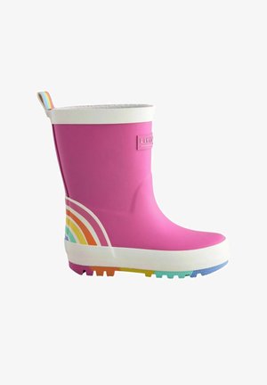 Bota de lluvia de caucho rosa con ribete blanco, con un diseño de arcoíris en el talón y una suela texturizada para mayor agarre.