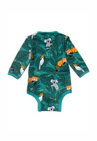 Långärmad bodysuit med ett grönt tropiskt mönster med djur, inklusive koalaer, röda pandor och fåglar, i ett mjukt tyg.