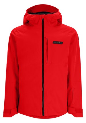 Rote wasserdichte Jacke mit einem Frontreißverschluss, verstellbarem Kapuzenrand und einer Brusttasche. Glatte Textur und schlankes Design für die Outdoor-Bekleidung.