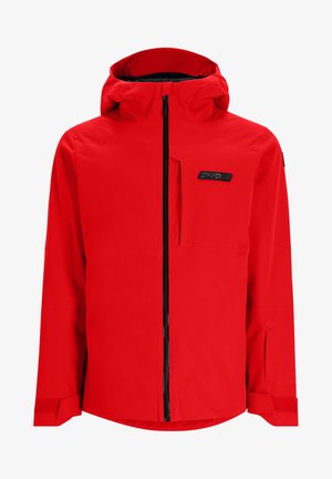 Chaqueta impermeable roja con cremallera frontal, capucha ajustable y un bolsillo en el pecho. Textura suave y diseño elegante para uso al aire libre.
