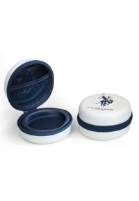 Custodia rigida rotonda con esterno bianco e zip blu navy. L'interno presenta una morbida fodera blu navy e una tasca in rete per piccoli oggetti. Logo U.S. Polo Assn. sulla parte superiore.