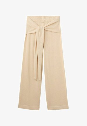 Beige weite Hosen mit hohem, elastischem Bund und langem Stoffgürtel, vorne gebunden.