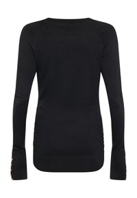 Top negru cu mânecă lungă, fabricat dintr-un material neted, cu un design ajustat și accente cu butoane aurii pe mâneci. Prevazut din spate.
