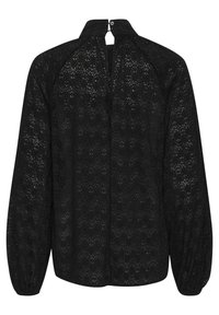Black lace blouse featuring a high collar, long puff sleeves, and a keyhole back closure. Texture displays a zigzag pattern throughout.