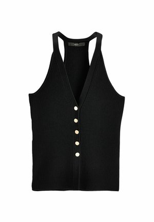 Zwarte geribbelde mouwloze top met diepe V-hals, vijf knopen aan de voorkant en racerback stijl bandjes.