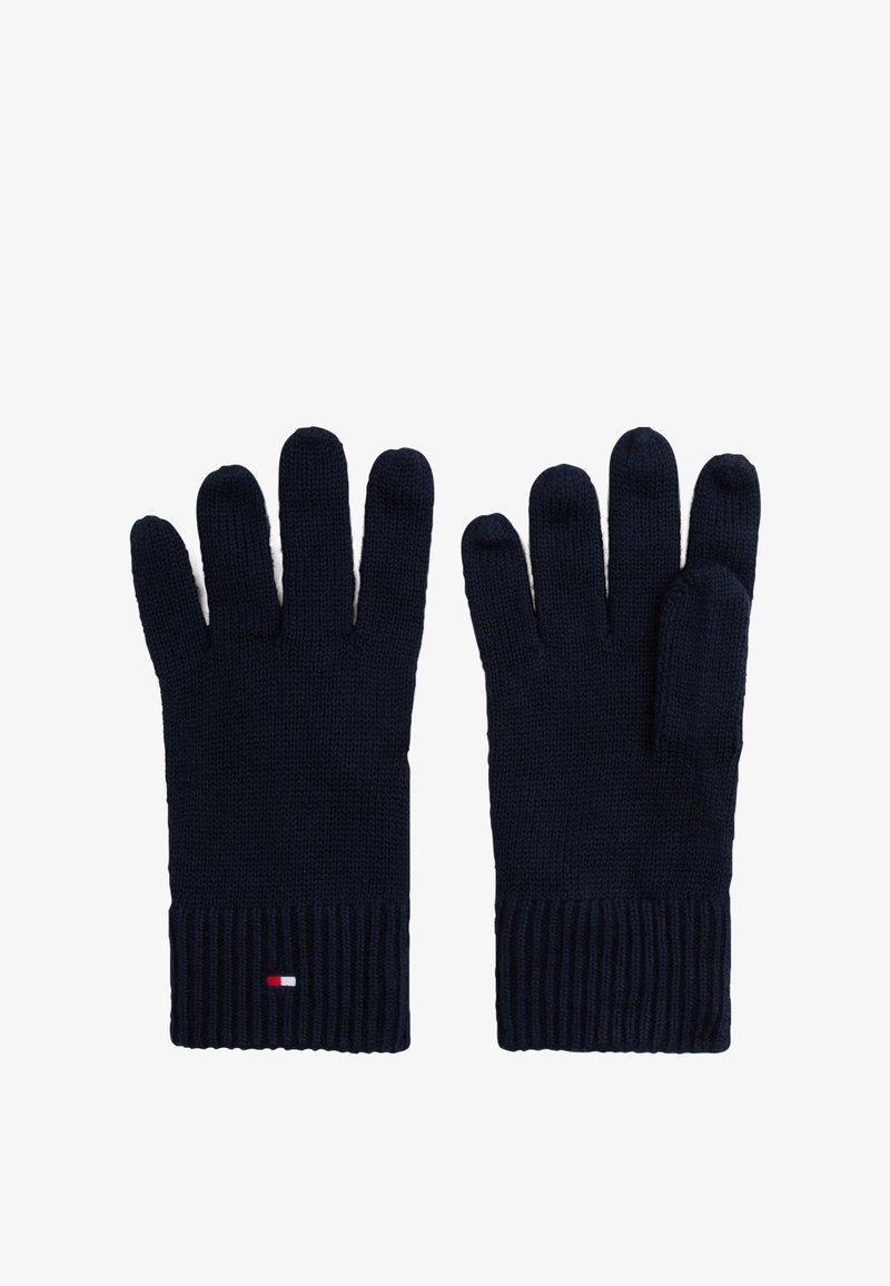 Coppia di guanti neri lavorati a maglia con polsini a costine, un polsino presenta un piccolo logo rettangolare rosso, bianco e blu.