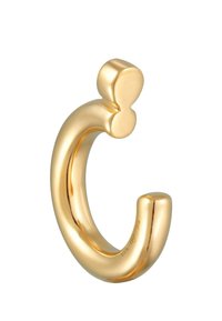 Guldbelagt metal krog med en glat, skinnende overflade, med en afrundet top og en åben buet design til ophængning af genstande.