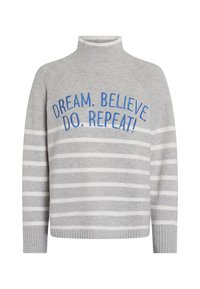 Light gray sweater with white stripes, turtle neck, and blue embroidered text: "DREAM. BELIEVE. DO. REPEAT!" Soft, textured fabric.