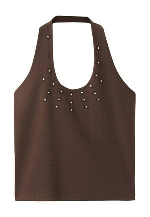 Bruine mouwloze haltertop met een ronde halslijn, voorzien van kleine metalen oogjesversieringen rond de hals.