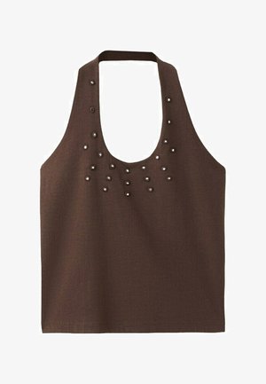 Haut marron sans manches avec col halter arrondi, orné de petits œillets métalliques autour du cou.