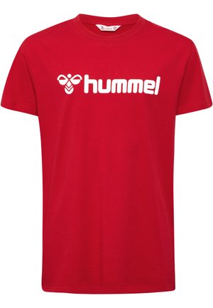 Rotes Baumwoll-T-Shirt mit kurzen Ärmeln und Rundhalsausschnitt. Mit einem weißen Aufdruck des Logos "hummel" auf der Vorderseite. Einfaches Design, reguläre Passform.