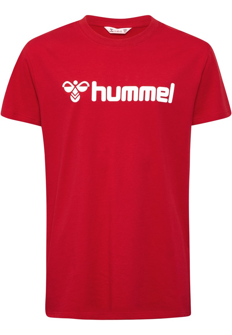 Tricou roșu din bumbac cu mâneci scurte și guler rotund. Prezintă un logo alb imprimat "hummel" pe față. Design simplu, croi standard.