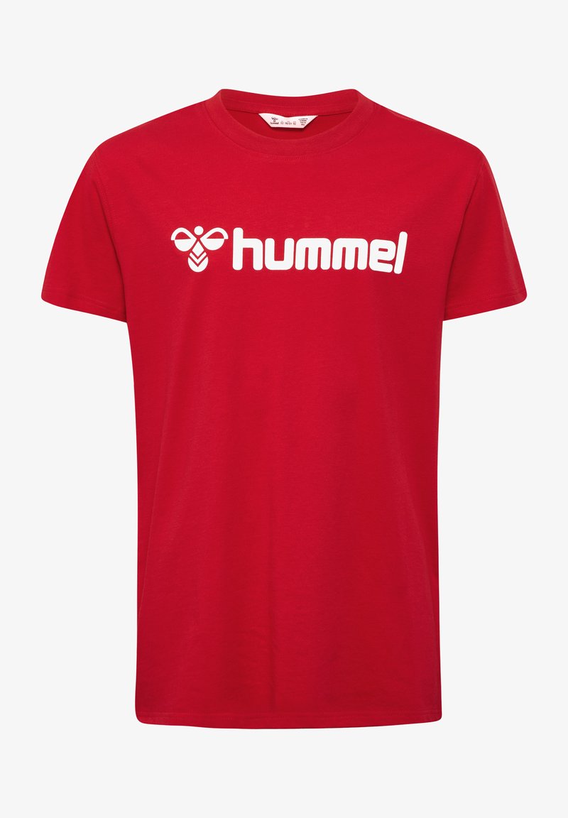Red cotton t-shirt with short sleeves and crew neck. Features a white printed logo "hummel" on the front. Simple design, standard fit.