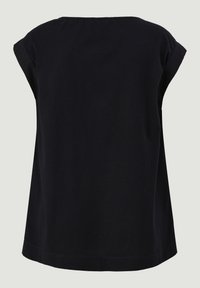 Black cotton top with a loose fit, round neckline, and short sleeves. Seamless shoulders and a straight hem, featuring a smooth texture.