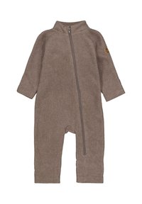 Pruun fliiskombinesoon kõrge kraega, pikkade varrukatega ja täispika eesotsa tõmblukuga; varustatud soonikutega varrukaservadega ja väikese logomärgiga.