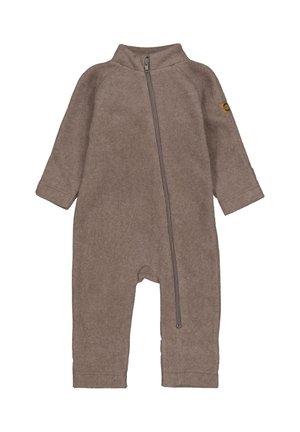 Combinaison en polaire marron avec col montant, manches longues et fermeture éclair intégrale à l'avant ; dotée de poignets côtelés et d’un petit patch logo.