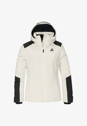 Weiße Jacke mit schwarzen Akzenten, ausgestattet mit einer Kapuze, einem Reißverschluss vorne und seitlichen Einsätzen. Hergestellt aus einem glatten, wasserabweisenden Material.