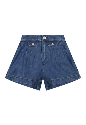 Modri denim kratke hlače z visokim pasom, z zapenjanjem na gumbe spredaj, dvema žepoma z zaponkami na sprednjih krilih in všitimi gubami na sprednjih panelih.