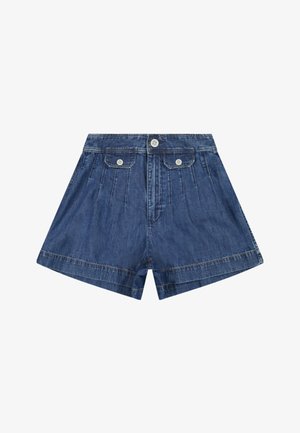 High-waisted blue denim shorts with front button closure, two buttoned flap pockets, and stitched pleat details on front panels.