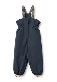 Marineblaue wasserdichte Latzhose mit elastischem Bund und Bündchen, verstellbaren gestreiften Trägern und einem Reißverschluss auf der Vorderseite.