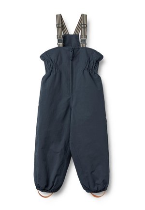 Mono impermeable azul marino con cintura y puños elásticos, tirantes a rayas ajustables y cierre frontal con cremallera.