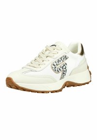 Weißer und beiger Sneaker mit Leopardenmuster-Logo an der Seite, beigen Schnürsenkeln, brauner, strukturierter Sohle und metallischem goldfarbenem Fersenakzent.