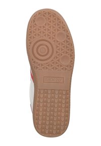 Gummisohle des Sneakers mit einem Texturmuster, das kreisförmige und dreieckige Details aufweist, sowie der Marke "BACK 70" nahe dem Boden.