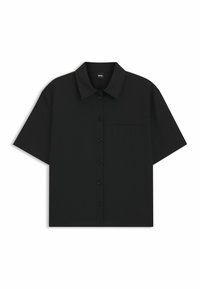 Black short-sleeve shirt made of smooth fabric with a classic collar, button front, and a single chest pocket.