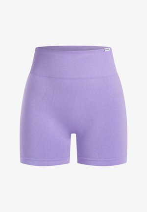 Lila-lavendelfarbene Stretch-Shorts mit einem gerippten hohen Bund und nahtlosem Design, gefertigt aus weichem, glattem Stoff für Komfort.