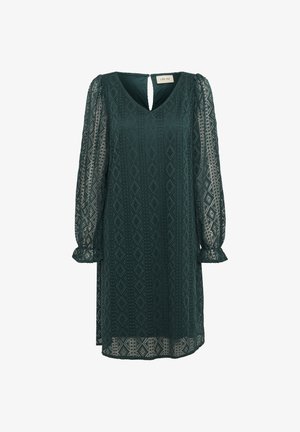 Sötétzöld ruha V-kivágással, hosszú puffos ujjakból és gyémánt mintázatú textúrából. A hátsó részen kulcslyuk nyílással rendelkezik.
