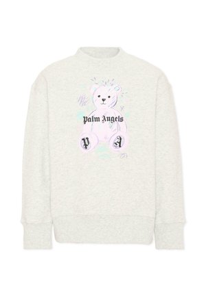 Lichtgrijze trui met een pastel teddybeer afbeelding en tekst "palm angels" op de borst, met gotische letters "P" en "A" op de berenpoten.